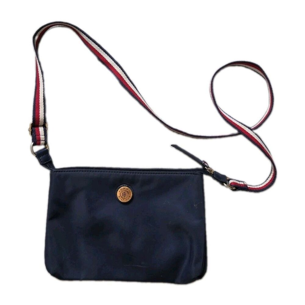 Tommy Hilfiger Nylon Crossbody Bag Navy Red White Stripe Adjustable Strap GUC